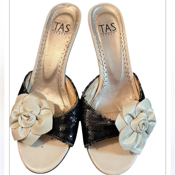TAS ITALY sequin leather open toe Bowed kitten heel - Picture 3 of 8